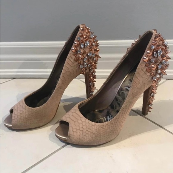 Sam Edelman Spiked Heel Rhinestone Peep Toe Leather Heel size 7.5 - Picture 4 of 5